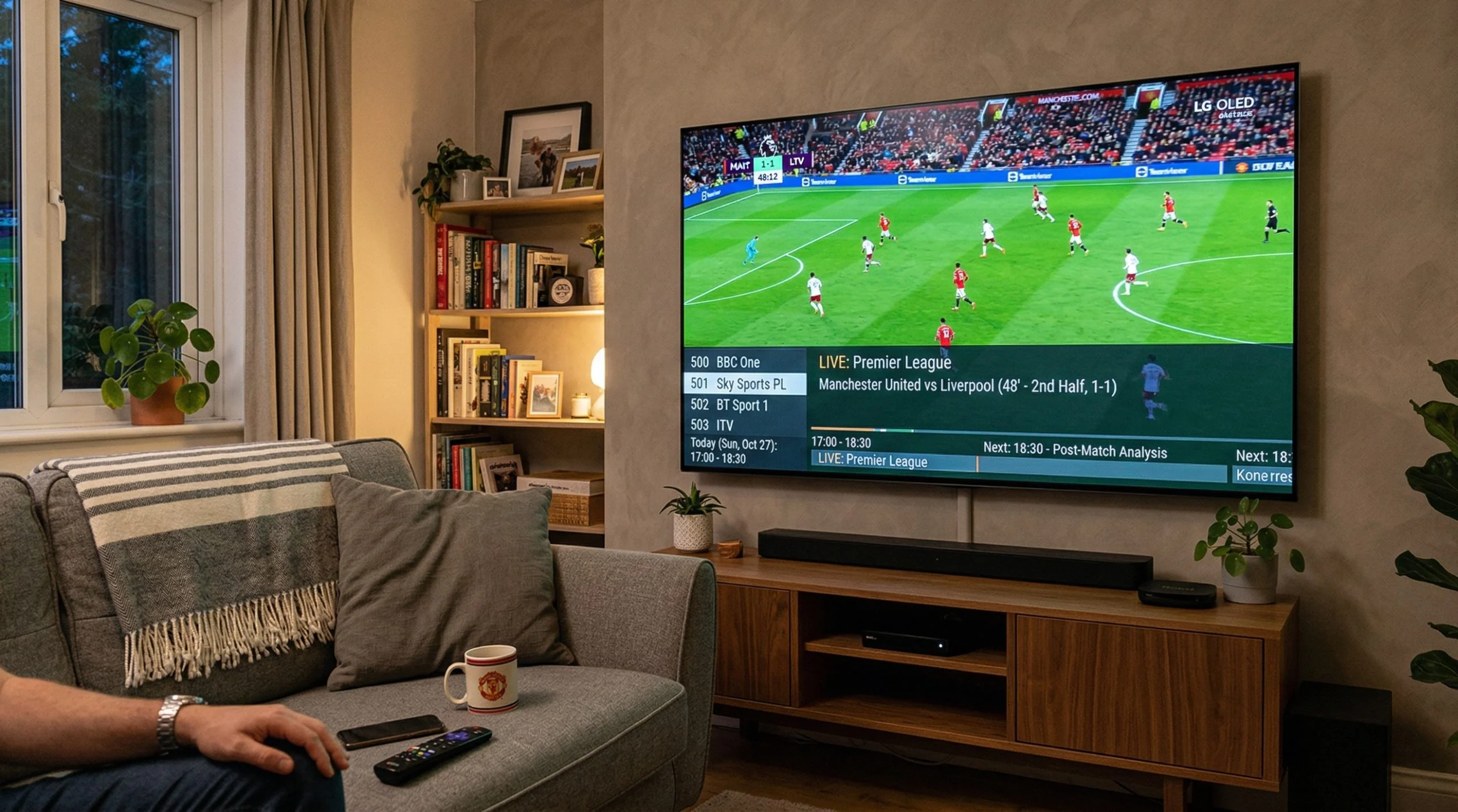 Modern living room with 4K Smart TV streaming IPTV in 2026
