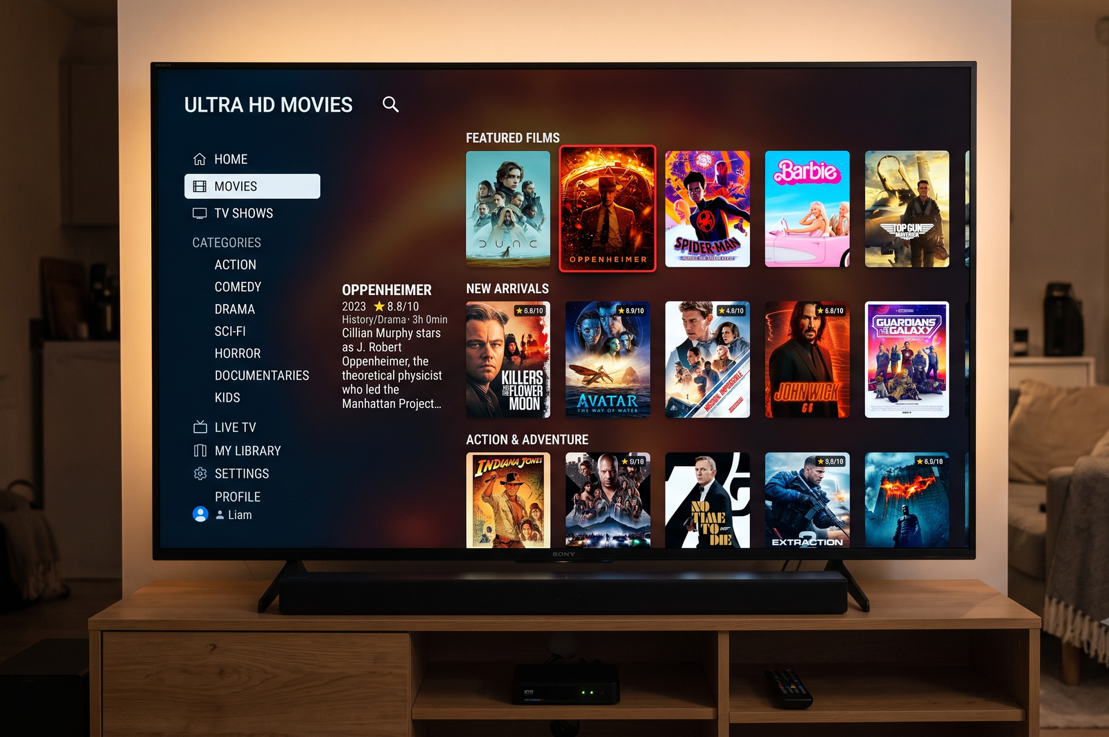 IPTV interface on a smart TV showing movies, TV shows, and live channels