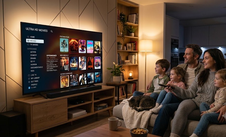 Family watching movies and TV shows on IPTV using a smart TV in the USA