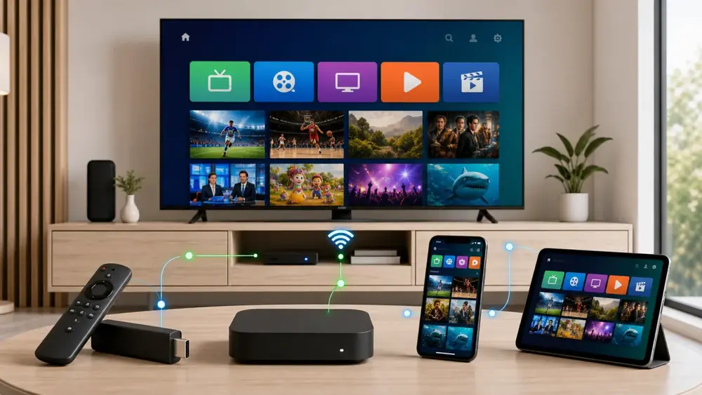 IPTV streaming on a smart TV, smartphone, tablet, and laptop across multiple devices