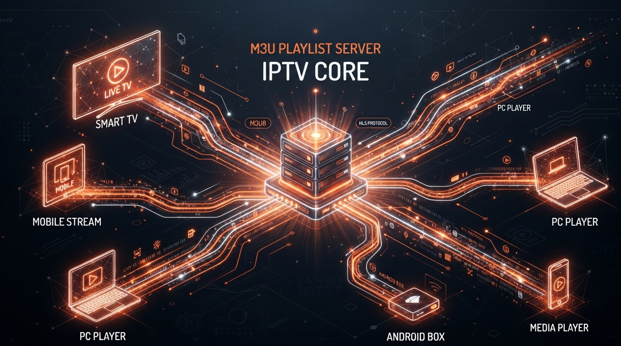 Diagram showing how IPTV works using internet streaming, M3U playlists, and Xtream Codes