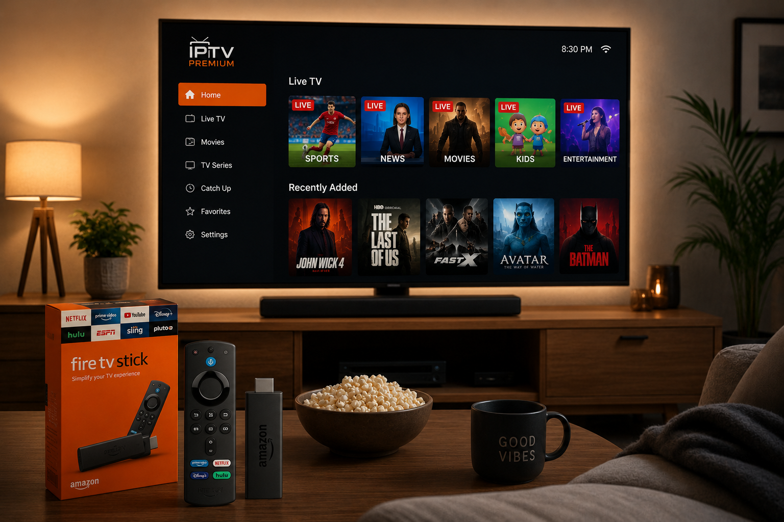 IPTV VOD interface displaying movie categories and TV series on a Smart TV