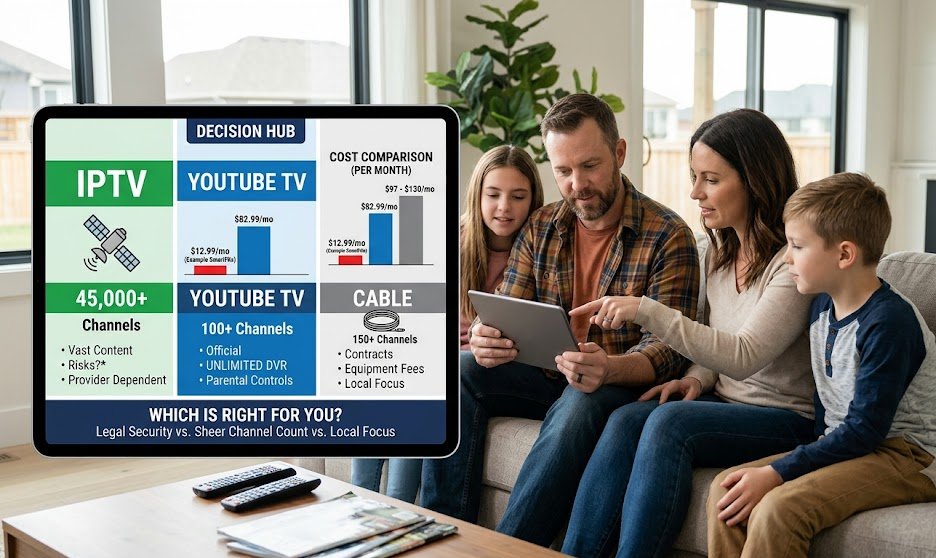 American family comparing IPTV, YouTube TV, and Cable options on a tablet in a modern living room