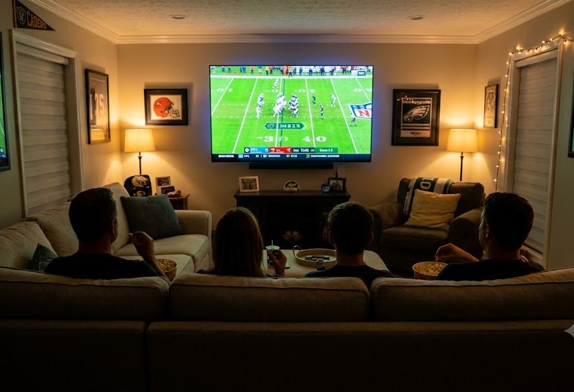 American living room scene from behind a couch showing silhouettes of viewers watching a live NFL football game on a large 65-inch wall-mounted TV with warm ambient lighting