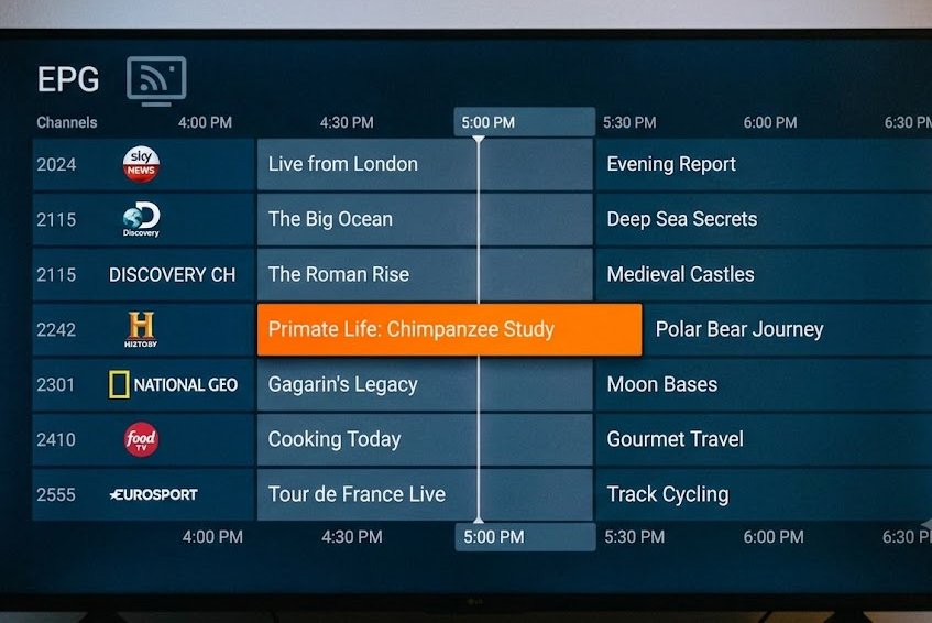 Close-up of a TV screen displaying an Electronic Program Guide (EPG) with a grid of channels and time slots, orange-highlighted current program selection
