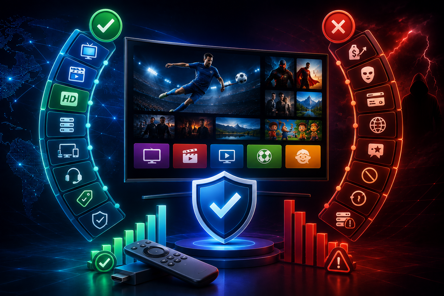 Digital graphic summarizing IPTV provider evaluation metrics and red flags to watch for