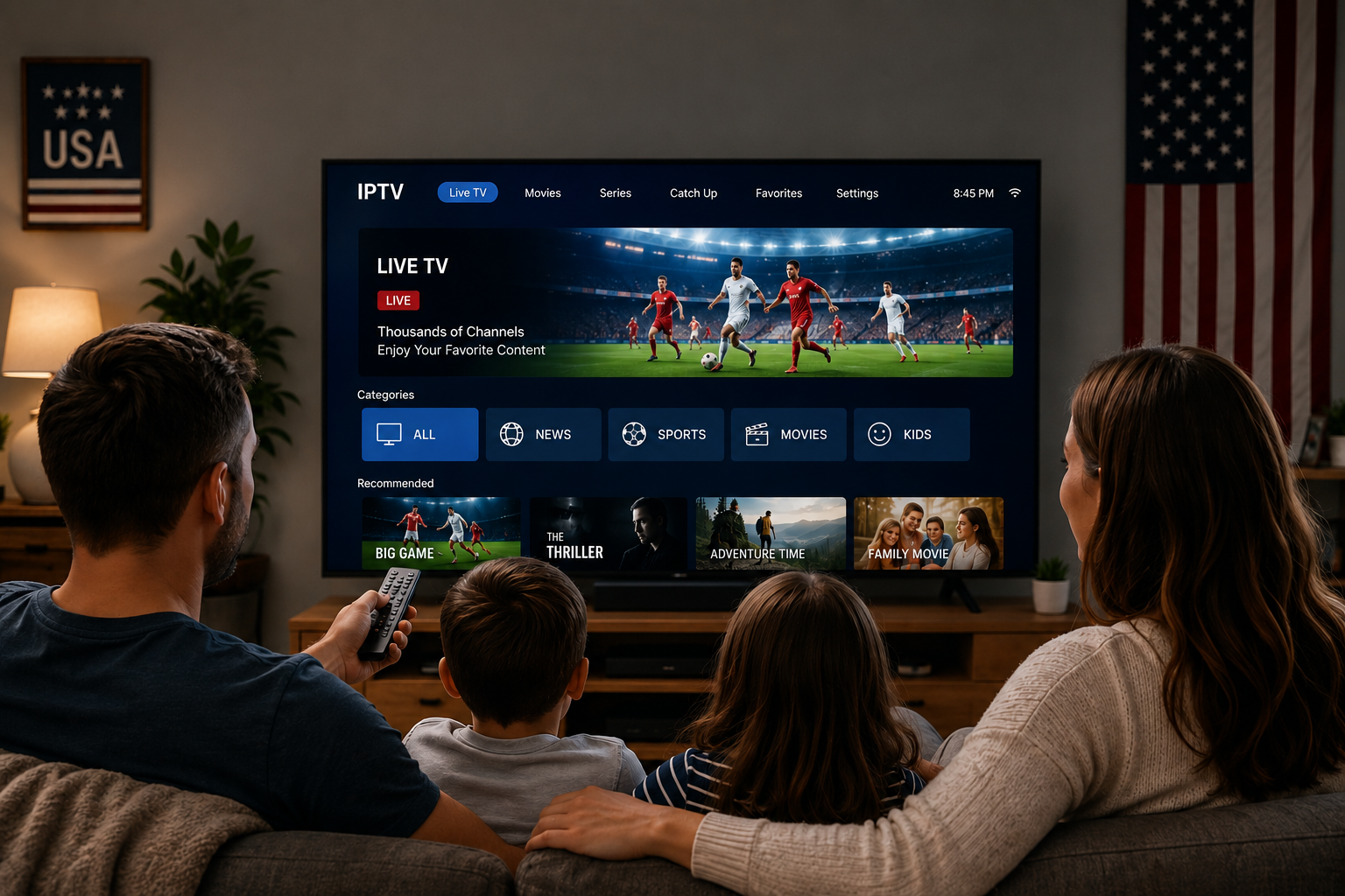 Family testing an IPTV free trial on a Smart TV in the USA