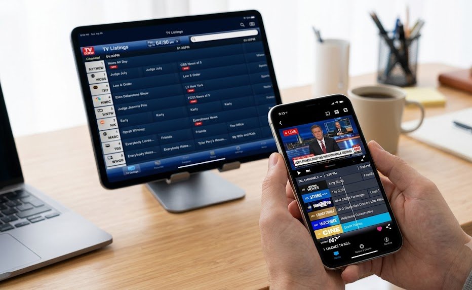 Hands holding an iPhone displaying a live TV channel interface, with an iPad showing a streaming TV guide in the background on a modern desk