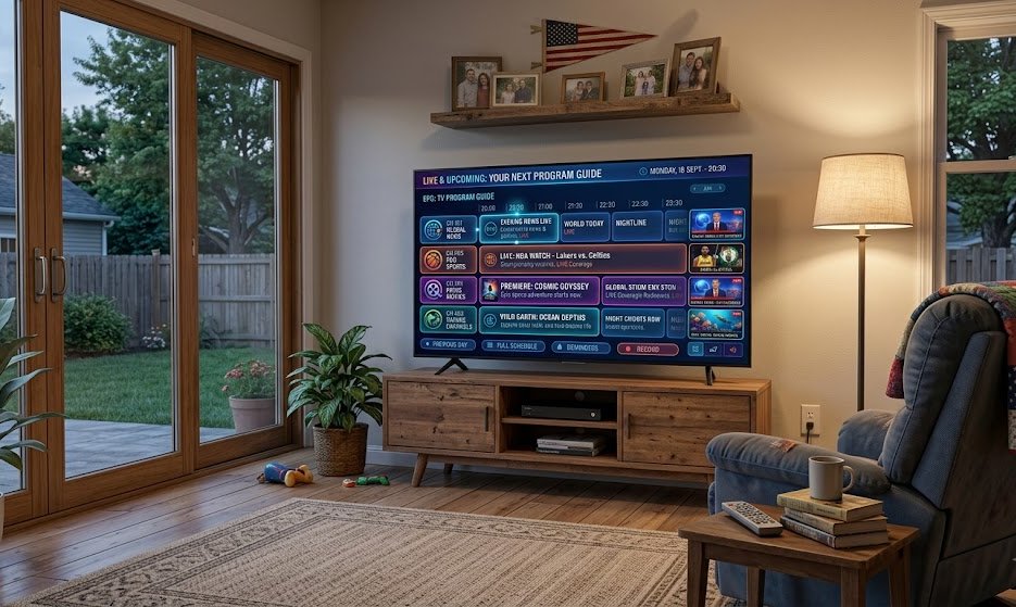 IPTV EPG electronic program guide showing live and upcoming TV programs