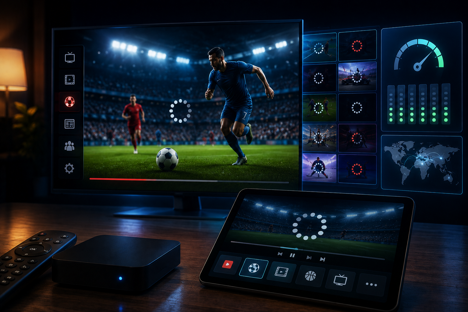 Testing live sports stream stability and channel load times on an IPTV player interface