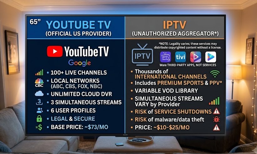 IPTV vs YouTube TV comparison on a Smart TV in the USA