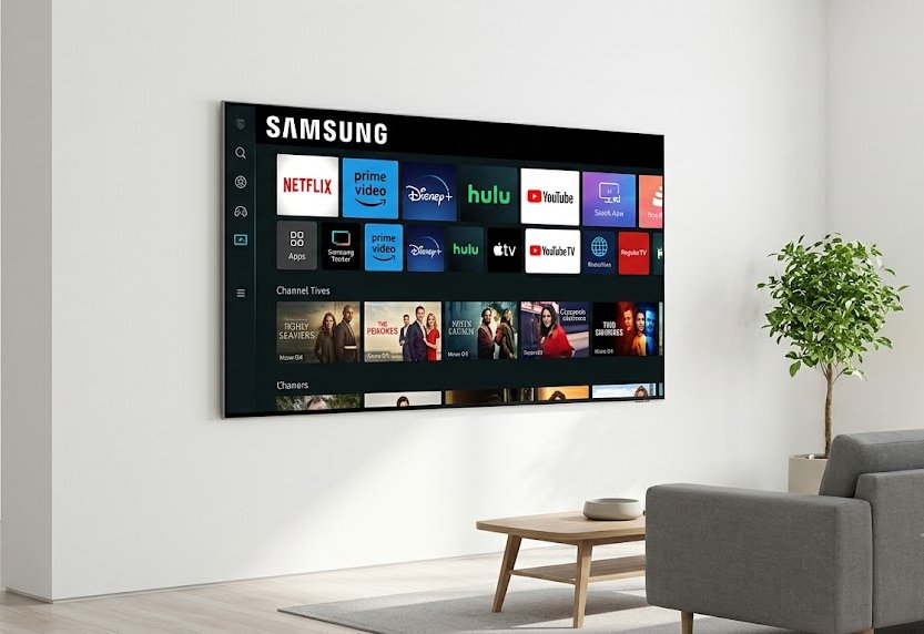 Modern Samsung Smart TV mounted on a white wall in a bright minimalist living room displaying a grid of streaming app icons and channel thumbnails
