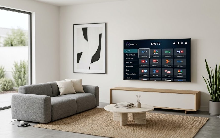 Modern minimalist American living room setup showing IPTV on a Smart TV