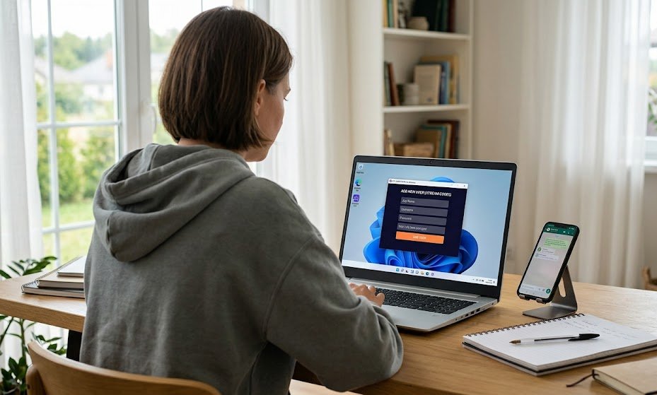 Person sitting at a desk setting up an IPTV app on a laptop computer with a smartphone and notepad nearby, bright home office with natural lighting