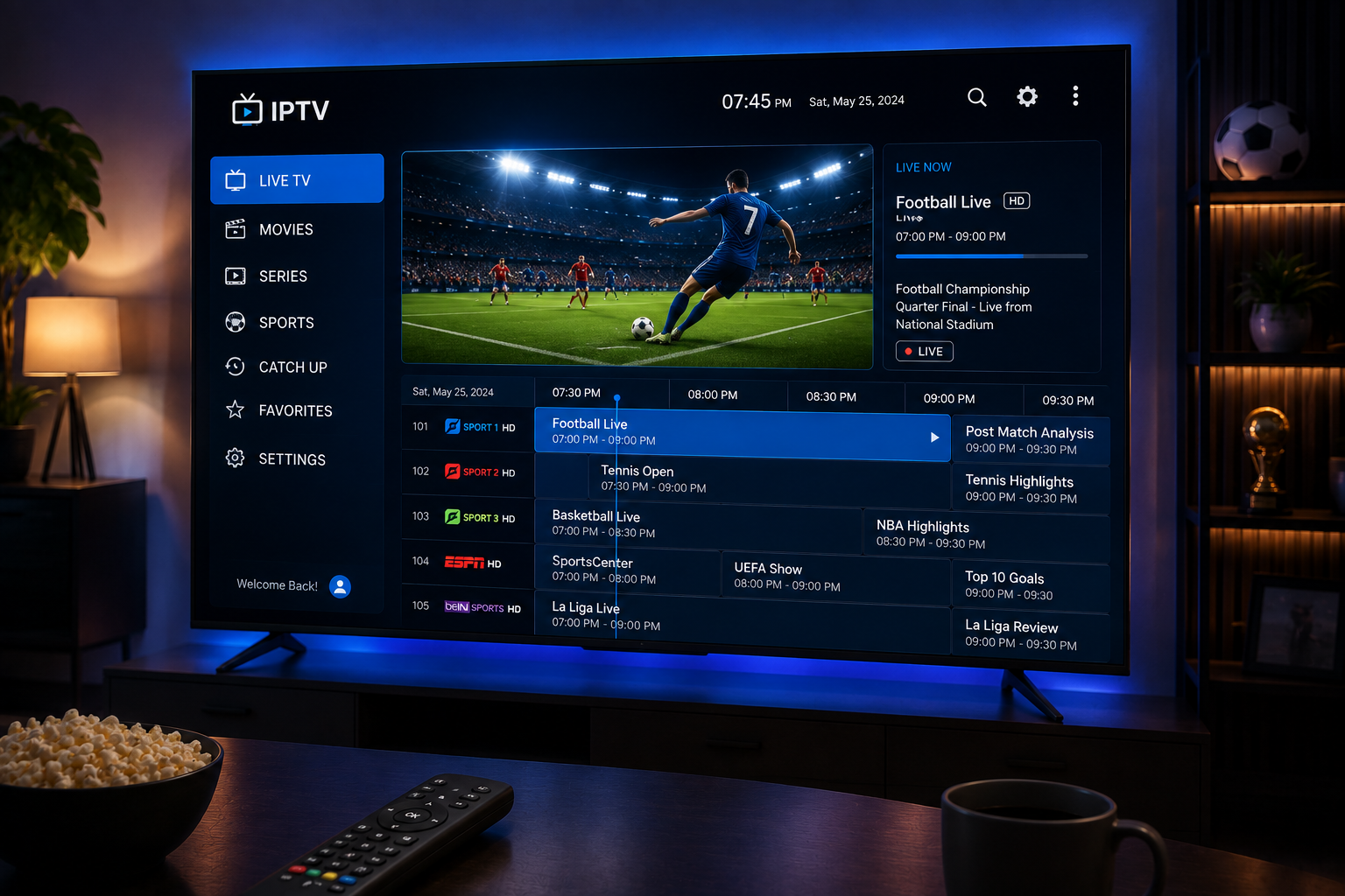Smart TV running an IPTV player app with Electronic Program Guide interface for sports streaming