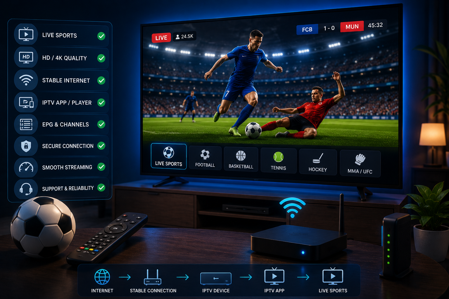 Sports IPTV checklist illustration showing live sports streaming setup on a smart TV