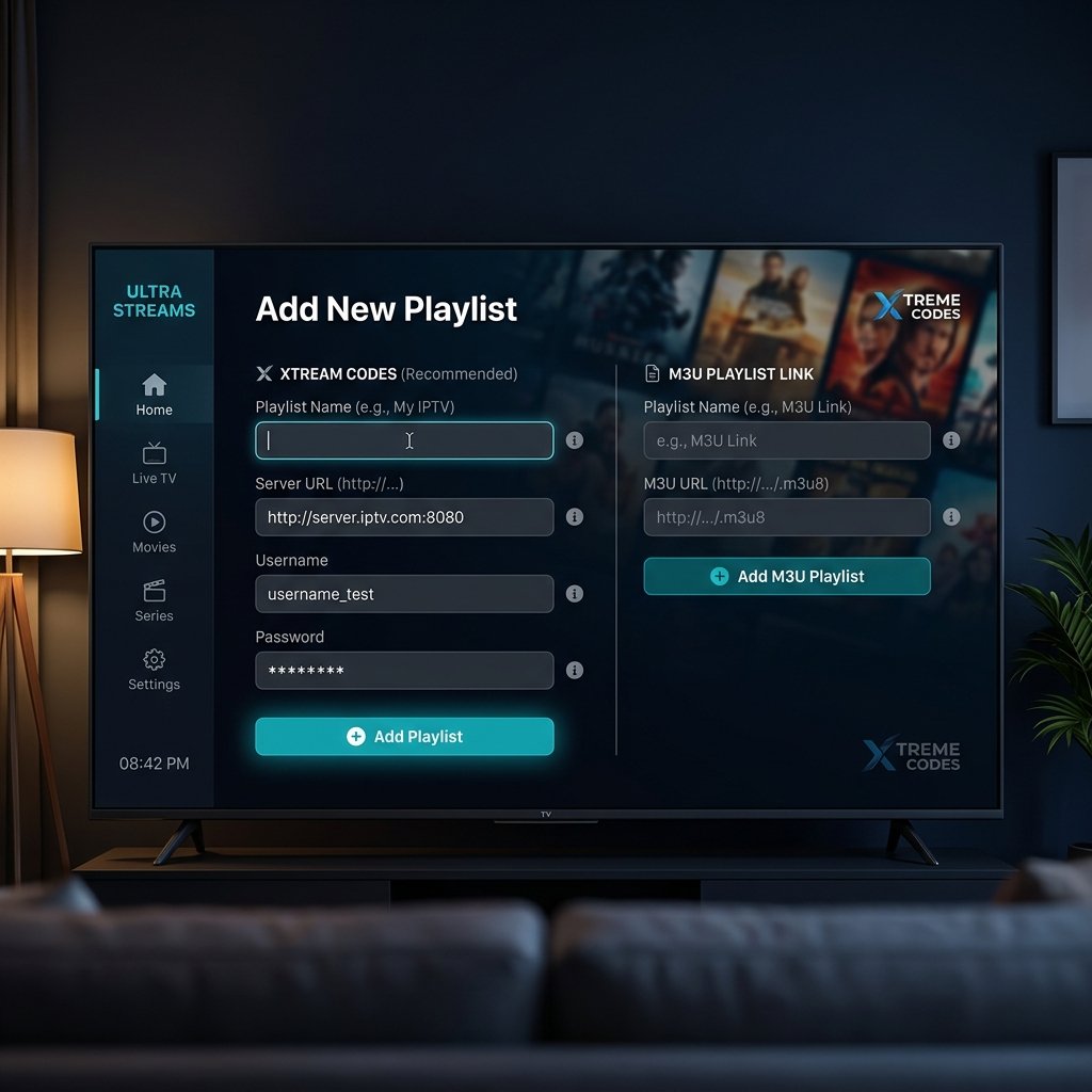 Enter M3U URL or Xtream Codes credentials in IPTV player setup screen