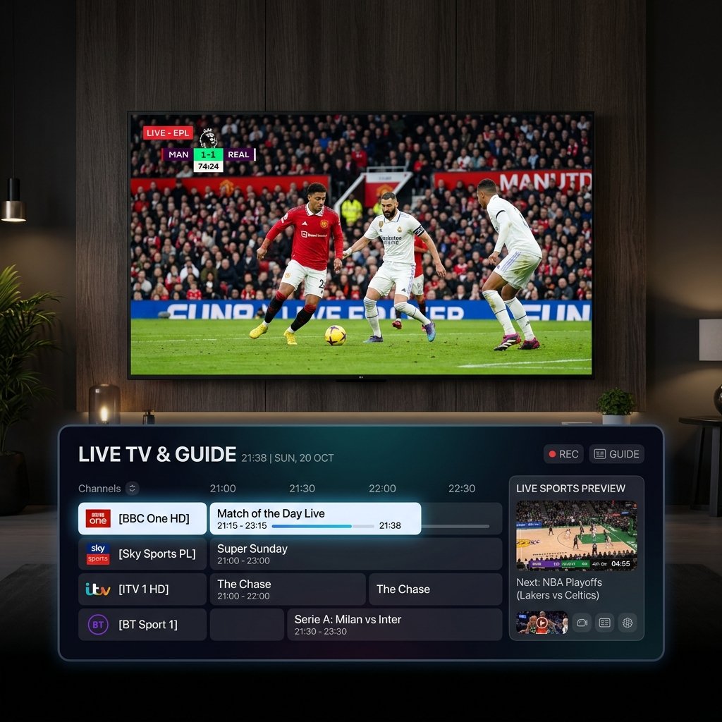 Live TV stream playing with EPG electronic program guide on smart TV interface