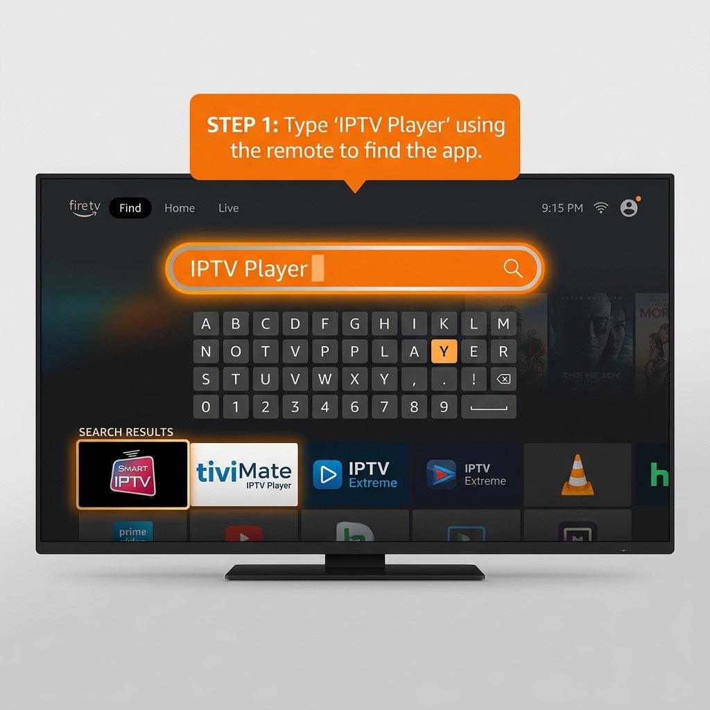 Search for IPTV player app on Amazon Firestick screen